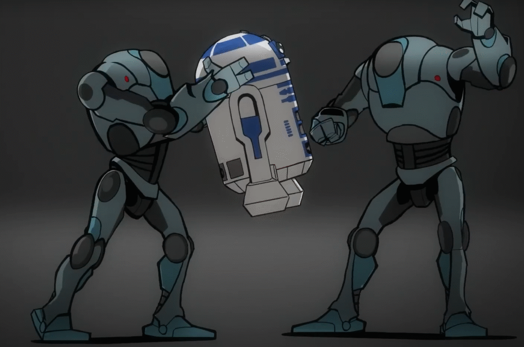 Dois droides atacando um robô. o robô que está sendo atacado é o R2-D2, da saga dos Star Wars.