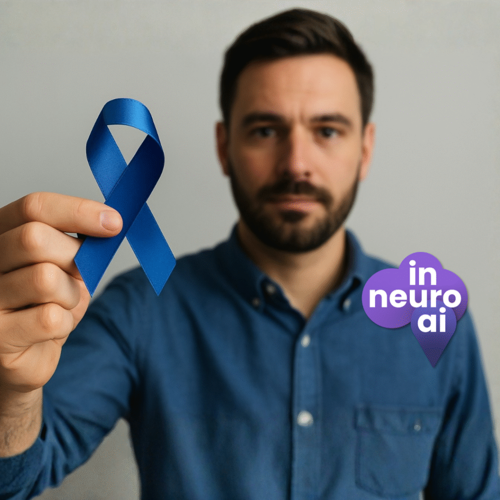 homem segurando o laço azul, simbolizando o novembro azul